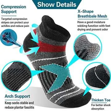EBMORE Merino Wool Ankle Hiking Socks Compression Warm Winter Thermal Thick Cushion No Show Running Moisture Wicking Athletic Socks Gifts Stocking Stuffers for Men Women 6 Pairs(Color Mix，L)