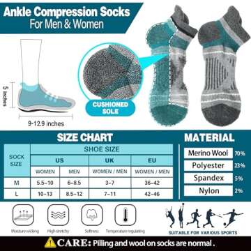 EBMORE Merino Wool Ankle Hiking Socks Compression Warm Winter Thermal Thick Cushion No Show Running Moisture Wicking Athletic Socks Gifts Stocking Stuffers for Men Women 6 Pairs(Color Mix，L)