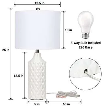Ceramic Table Lamps Set of 2, White Modern Bedside Lamp 25" Nightstand Lamp 3-Way Dimmable Lamp for Bedroom Living Room End Table Lamp Farmhouse Lamp Side Table Lamp, Bulbs Included