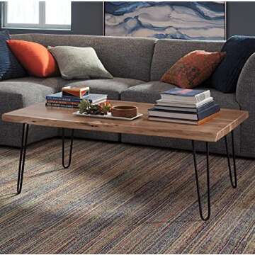 Alaterre Furniture 42-Inch Coffee Table with Metal Hairpin Legs and Natural Live Edge Acacia Wood To...