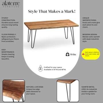 Alaterre Furniture 42-Inch Coffee Table with Metal Hairpin Legs and Natural Live Edge Acacia Wood Top, Clear Natural Finish, Modern Industrial, Farmhouse Style, Living Room Furniture Set
