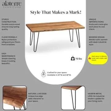 Alaterre Furniture 42-Inch Coffee Table with Metal Hairpin Legs and Natural Live Edge Acacia Wood Top, Clear Natural Finish, Modern Industrial, Farmhouse Style, Living Room Furniture Set