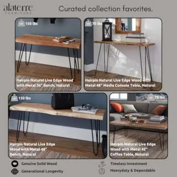 Alaterre Furniture 42-Inch Coffee Table with Metal Hairpin Legs and Natural Live Edge Acacia Wood Top, Clear Natural Finish, Modern Industrial, Farmhouse Style, Living Room Furniture Set