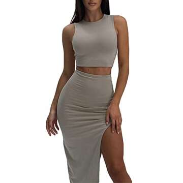 FAIMILORY High Slit Long Skirt Sleeveless Crop Tank Tops Casual Summer Women Sexy Nightclub Split Th...