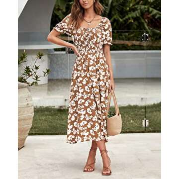 XIONGMEI Women Summer Casual Square Neck Short Sleeve Smocked Waist A-Line Midi Dresses Boho Floral Print Beach Dress(Floral Khaki,Small)