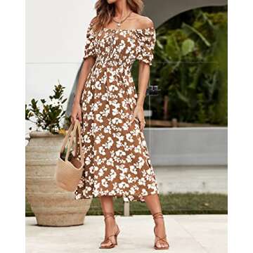 XIONGMEI Women Summer Casual Square Neck Short Sleeve Smocked Waist A-Line Midi Dresses Boho Floral Print Beach Dress(Floral Khaki,Small)