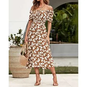 XIONGMEI Women Summer Casual Square Neck Short Sleeve Smocked Waist A-Line Midi Dresses Boho Floral Print Beach Dress(Floral Khaki,Small)