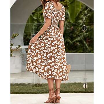 XIONGMEI Women Summer Casual Square Neck Short Sleeve Smocked Waist A-Line Midi Dresses Boho Floral Print Beach Dress(Floral Khaki,Small)