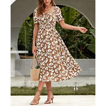 XIONGMEI Women Summer Casual Square Neck Short Sleeve Smocked Waist A-Line Midi Dresses Boho Floral Print Beach Dress(Floral Khaki,Small)
