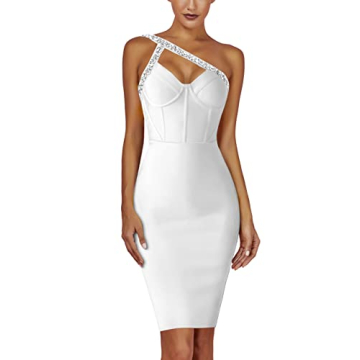 Maketina Women's Rhinestone One Shoulder Bandage Dress Midi Bodycon Dress Cocktail Party White S