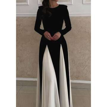 Kwunbwa Wedding Guest Dresses for Women Elegant Long Sleeve Patchwork Pleated Swing Long Dress Forma...