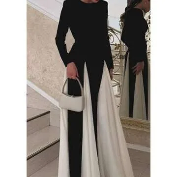 Kwunbwa Wedding Guest Dresses for Women Elegant Long Sleeve Patchwork Pleated Swing Long Dress Formal Maxi Dress Black