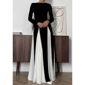 Kwunbwa Wedding Guest Dresses for Women Elegant Long Sleeve Patchwork Pleated Swing Long Dress Formal Maxi Dress Black