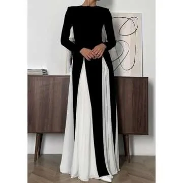 Kwunbwa Wedding Guest Dresses for Women Elegant Long Sleeve Patchwork Pleated Swing Long Dress Formal Maxi Dress Black