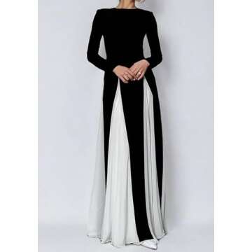 Kwunbwa Wedding Guest Dresses for Women Elegant Long Sleeve Patchwork Pleated Swing Long Dress Formal Maxi Dress Black