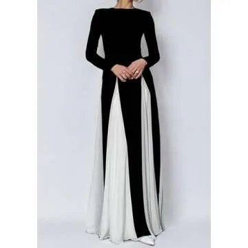 Kwunbwa Wedding Guest Dresses for Women Elegant Long Sleeve Patchwork Pleated Swing Long Dress Formal Maxi Dress Black