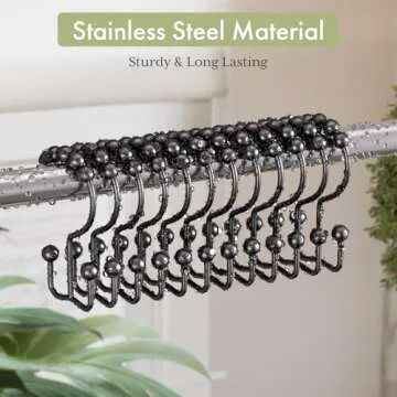 Amazer Black Shower Curtain Hooks, Shower Curtain Hooks Rust Proof 12 Pcs Stainless Steel Shower Hooks for Shower Curtain, Double Shower Curtain Hooks for Bathroom Shower Rods Curtain