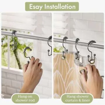 Amazer Black Shower Curtain Hooks, Shower Curtain Hooks Rust Proof 12 Pcs Stainless Steel Shower Hooks for Shower Curtain, Double Shower Curtain Hooks for Bathroom Shower Rods Curtain