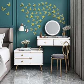 3D Butterfly Wall Stickers, 72Pcs 3 Sizes 3 Styles, Removable Metallic Wall Decals Fridge Sticker Room Mural Decoration for Kids Bedroom Nursery Classroom Party Wedding Decor DIY Gift (Gold)