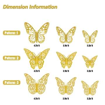 3D Butterfly Wall Stickers, 72Pcs 3 Sizes 3 Styles, Removable Metallic Wall Decals Fridge Sticker Room Mural Decoration for Kids Bedroom Nursery Classroom Party Wedding Decor DIY Gift (Gold)