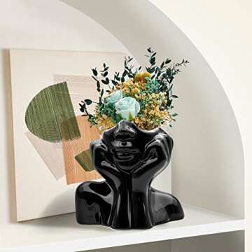 FANATAO Black Female Form Face Vase,Ceramic Vases for Home Decor Art Vase Body Vase Black Flower Vases,Unique Vases for Decor, Modern Decorative Vase Head Vase for Table Decoration,5.11" H