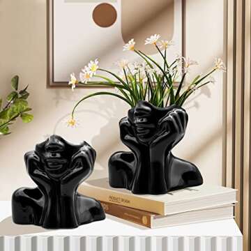 FANATAO Black Female Form Face Vase,Ceramic Vases for Home Decor Art Vase Body Vase Black Flower Vases,Unique Vases for Decor, Modern Decorative Vase Head Vase for Table Decoration,5.11" H