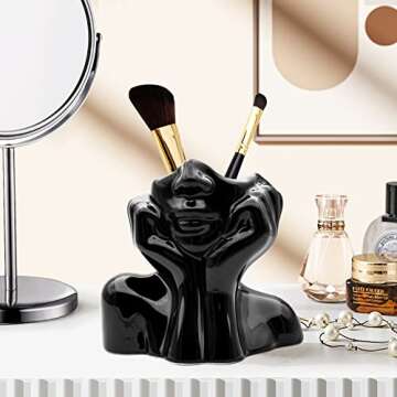 FANATAO Black Female Form Face Vase,Ceramic Vases for Home Decor Art Vase Body Vase Black Flower Vases,Unique Vases for Decor, Modern Decorative Vase Head Vase for Table Decoration,5.11" H
