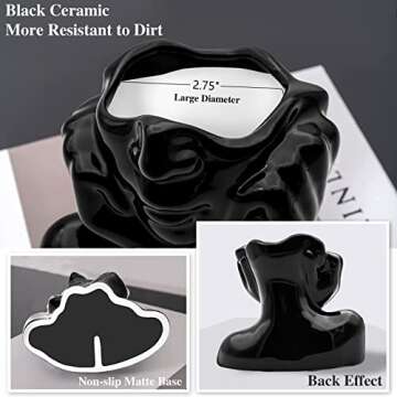 FANATAO Black Female Form Face Vase,Ceramic Vases for Home Decor Art Vase Body Vase Black Flower Vases,Unique Vases for Decor, Modern Decorative Vase Head Vase for Table Decoration,5.11" H