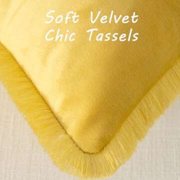 FUTEI Lemon Yellow Boho Throw Pillow Covers with Tassels 18x18 Inch Set of 2,Soft Velvet Decorative ...