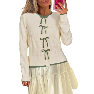 Arach&Cloz Bow Button Down Cardigan Sweaters 2025 Womens Spring Tops Fashion Color Block Lace Dressy...