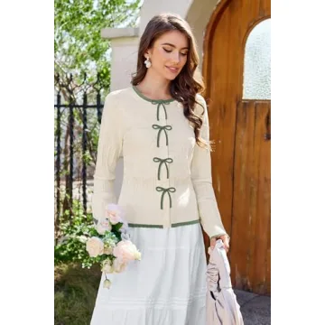 Arach&Cloz Bow Button Down Cardigan Sweaters 2025 Womens Spring Tops Fashion Color Block Lace Dressy Casual 2024 Winter Long Sleeve Crew Neck Ribbed Knit Outfits Shirts Travel Trendy Off-White M