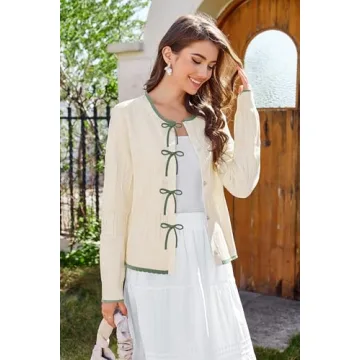 Arach&Cloz Bow Button Down Cardigan Sweaters 2025 Womens Spring Tops Fashion Color Block Lace Dressy Casual 2024 Winter Long Sleeve Crew Neck Ribbed Knit Outfits Shirts Travel Trendy Off-White M