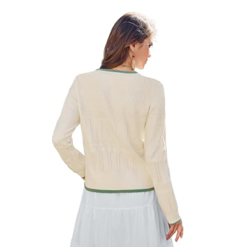 Arach&Cloz Bow Button Down Cardigan Sweaters 2025 Womens Spring Tops Fashion Color Block Lace Dressy Casual 2024 Winter Long Sleeve Crew Neck Ribbed Knit Outfits Shirts Travel Trendy Off-White M