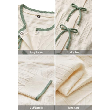 Arach&Cloz Bow Button Down Cardigan Sweaters 2025 Womens Spring Tops Fashion Color Block Lace Dressy Casual 2024 Winter Long Sleeve Crew Neck Ribbed Knit Outfits Shirts Travel Trendy Off-White M