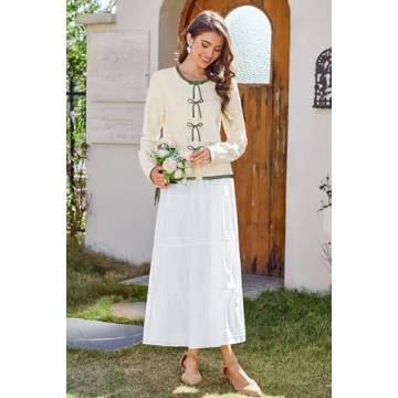 Arach&Cloz Bow Button Down Cardigan Sweaters 2025 Womens Spring Tops Fashion Color Block Lace Dressy Casual 2024 Winter Long Sleeve Crew Neck Ribbed Knit Outfits Shirts Travel Trendy Off-White M