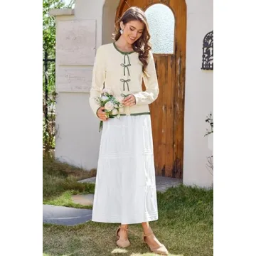 Arach&Cloz Bow Button Down Cardigan Sweaters 2025 Womens Spring Tops Fashion Color Block Lace Dressy Casual 2024 Winter Long Sleeve Crew Neck Ribbed Knit Outfits Shirts Travel Trendy Off-White M