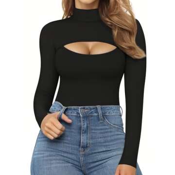 MANGOPOP Black Bodysuit Mock Neck Cutout Front Long Sleeve Tops(Black L)