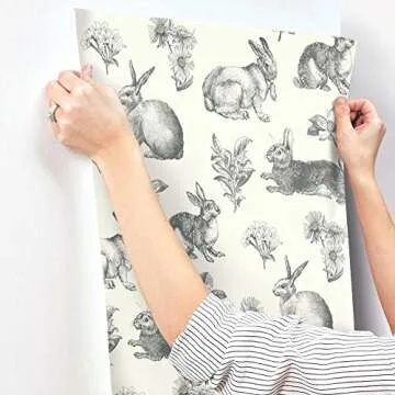 RoomMates York Wallcoverings Bunny Toile Spray and Stick Removable Wallpaper, Black / White