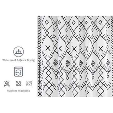 Uphome Moroccan Shower Curtain Black and White Geometric Print Fabric Shower Curtain Set with Hook Chic Trellis Boho Bathroom Decor Heavy Duty, 72x72