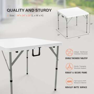 VINGLI 34" Fold in Half Square Table, Bi-Folding Commercial Table, Portable Plastic Dining Card Table for Kitchen or Outdoor Party Wedding Event, White