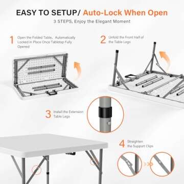 VINGLI 34" Fold in Half Square Table, Bi-Folding Commercial Table, Portable Plastic Dining Card Table for Kitchen or Outdoor Party Wedding Event, White