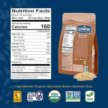 Lundberg Basmati Rice, Organic Sprouted Brown Long Grain Rice - Nutty & Nutritious Brown Rice Grown in California, Ready to Eat in 30 Minutes, Pantry Staples, 16 Oz