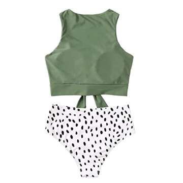 Remidoo Women Swimsuit Tie Knot Front Crew Neck Floral Printed High Waist Bikini Set (XL, B-Green)