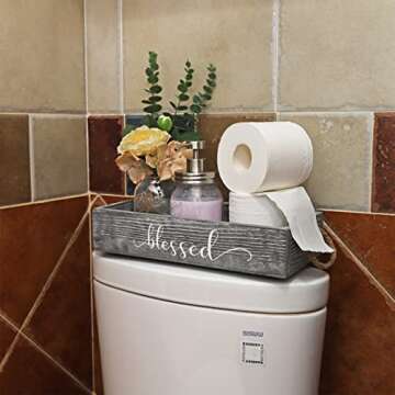 HOMKO Toilet Paper Bathroom Decor Box with Two Mason Jars and Artificial Flower Wooden Bathroom Box for Toilet Paper Storage with Handle, Bathroom Rustic Accessory and Organizer (Rustic Grey, Medium)