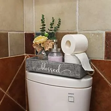 HOMKO Toilet Paper Bathroom Decor Box with Two Mason Jars and Artificial Flower Wooden Bathroom Box for Toilet Paper Storage with Handle, Bathroom Rustic Accessory and Organizer (Rustic Grey, Medium)