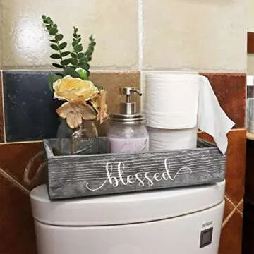 HOMKO Toilet Paper Bathroom Decor Box with Two Mason Jars and Artificial Flower Wooden Bathroom Box for Toilet Paper Storage with Handle, Bathroom Rustic Accessory and Organizer (Rustic Grey, Medium)