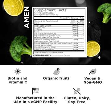 Amen Plant-Based Vegan Collagen Builder Supplement - Organic Whole Foods, Lutein, Vitamin C, Biotin,...