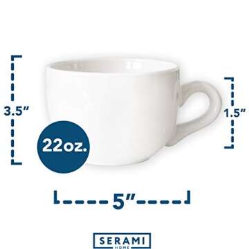 Serami Oversized Ceramic Coffee Mug with Handle - Large 22 oz Coffee Cup, Perfect for Latte, Cappuccino, Soup, Cereal - Ideal for Everyday Use - Ceramic Bowl Set, Large Coffee Mug Set (White 4 Pack)