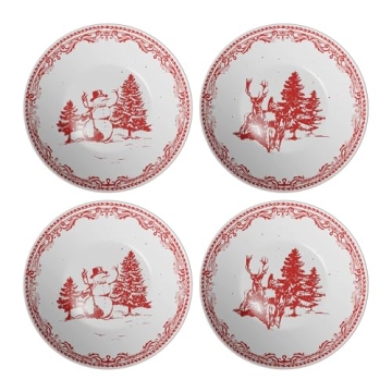 American Atelier Christmas Salad Plate (Set of 4) - Vintage Style 8-Inch Red Holiday Stoneware Desse...