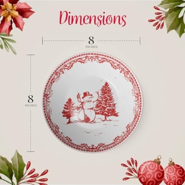 American Atelier Christmas Salad Plate (Set of 4) - Vintage Style 8-Inch Red Holiday Stoneware Dessert & Appetizer Plates - Decorative & Durable Dinnerware, Dishwasher & Microwave Safe Luxury Plates